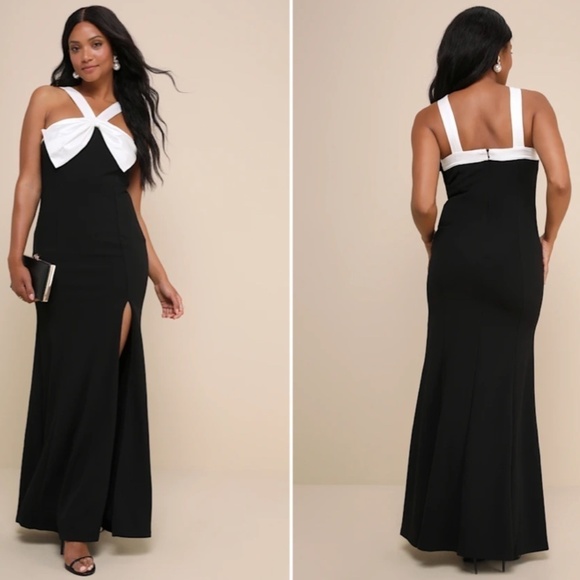LULUS Prom Wedding Classy Minimal Sophisticated Satin Bow Holiday Maxi Gown - Picture 3 of 5